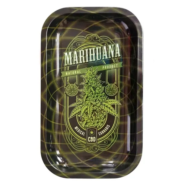 Bandeja rectangular de bordes redondeados, con dibujo verde de cannabis y los textos «Marihuana» y «CBD» sobre fondo oscuro.
