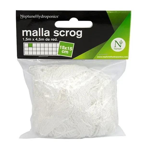 Malla blanca Neptune Hydroponics plegada en una bolsa transparente con cabecera negra y verde y el texto «malla scrog».
