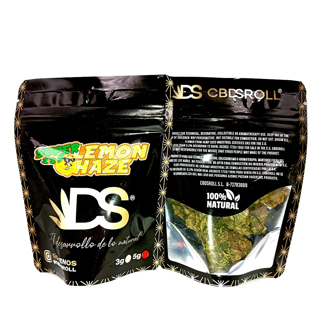 Envase de Cbdsroll Super Lemon Haze mostrado por delante y detrás, negro con detalles dorados y ventana que deja ver los cogollos.