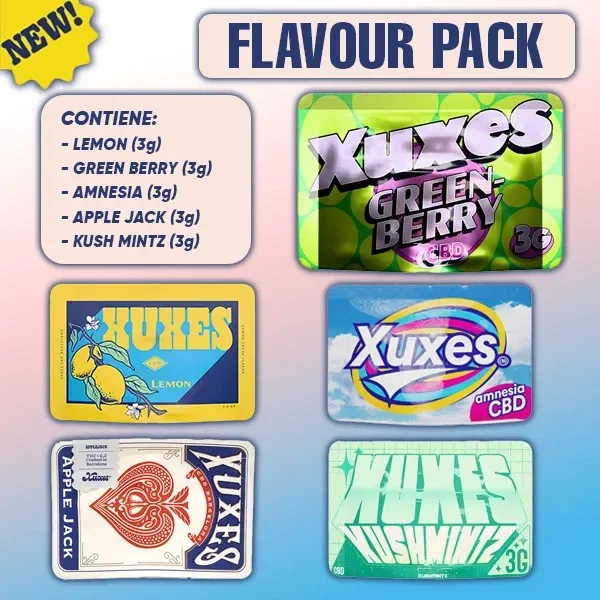 Presentación Flavour Pack Xuxes con envases de Lemon, Green Berry, Amnesia, Apple Jack y Kush Mintz, indicados como 3 g cada uno.
