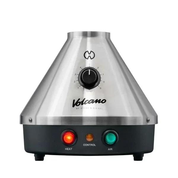 Vaporizador Volcano Classic de cuerpo plateado cónico, con dial de temperatura y base negra con botones rojo y verde.