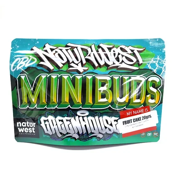 Bolsa de cáñamo CBD Naturwest Mini Buds Fruit Cake con diseño verde y turquesa, letras de estilo grafiti y etiqueta de 20 g.
