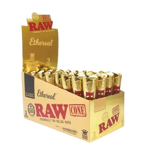 Expositor dorado de conos RAW Ethereal King Size con varias unidades en envases individuales y logotipos rojos.