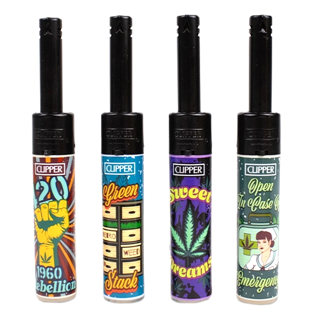 Selección de mecheros Clipper Minitube Retro Weed con tubo negro alargado y distintos diseños de hojas, letras y dibujos de estilo retro.