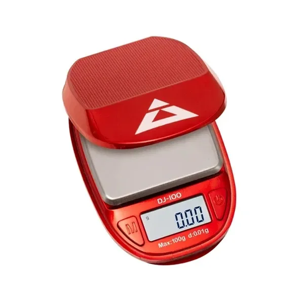 Báscula digital On Balance Jewel roja, con tapa desplazada, plataforma plateada y pantalla que marca 0.00 g.
