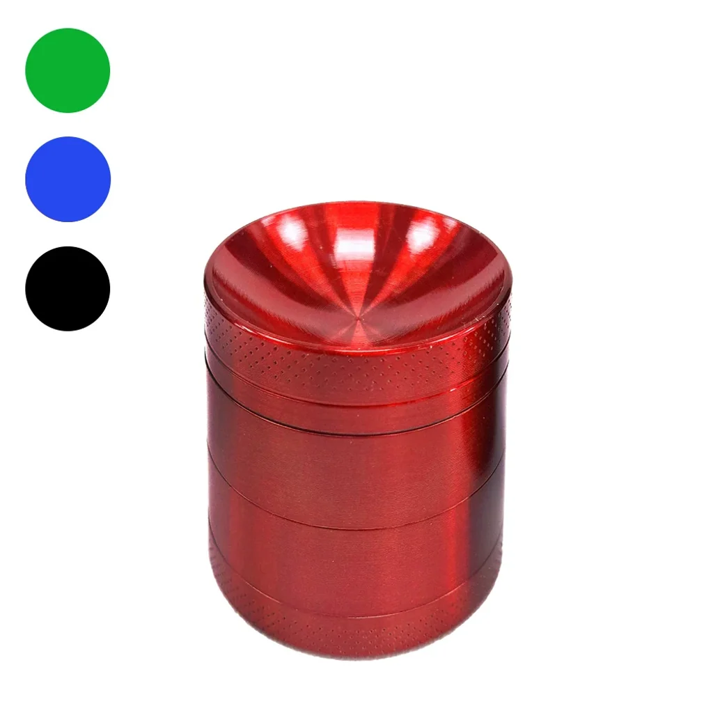 Grinder cilíndrico rojo con tapa cóncava, acabado brillante y bordes texturizados; muestras de color verde, azul y negro a un lado.