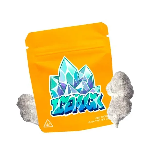 Bolsa naranja de Ice Rock con cristales ilustrados y dos piezas irregulares recubiertas de una capa blanquecina a ambos lados.