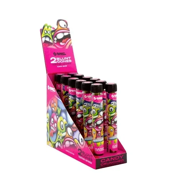 Expositor rosa G-Rollz Candy Crunched con tubos de tapón negro, personajes de colores y la inscripción «2 Blunt Cones».