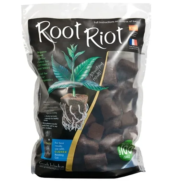 Bolsa de tacos de propagación Root Riot, con tacos marrones visibles y una ilustración de una planta con raíces en la etiqueta.