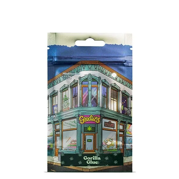 Bolsa de Goodies Gorilla Glue con cierre resellable e ilustración de una tienda de esquina en tonos verdes y azules sobre fondo blanco.