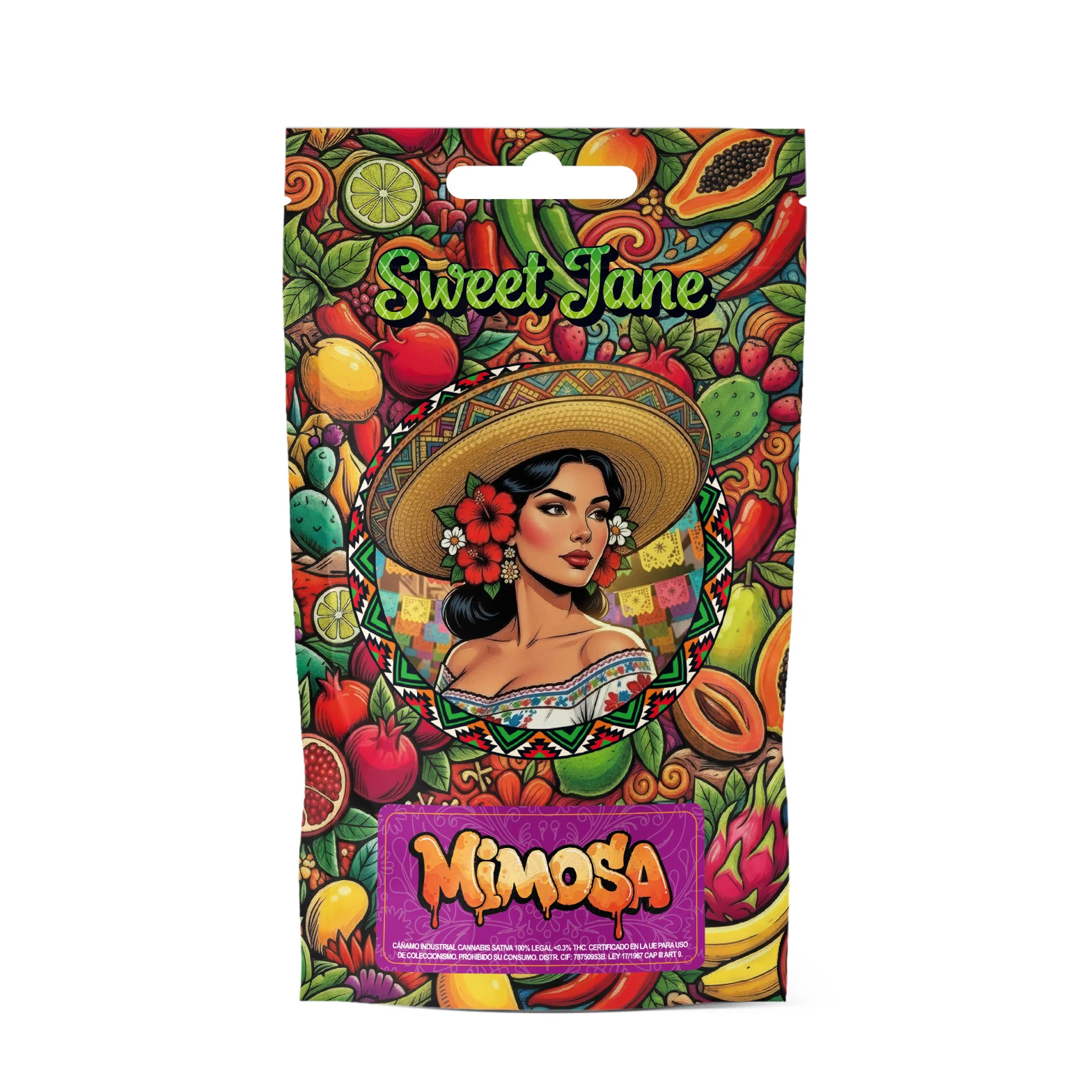 Bolsa Sweet Jane Mimosa decorada con frutas de colores y una mujer con sombrero y flores rojas, sobre fondo blanco.