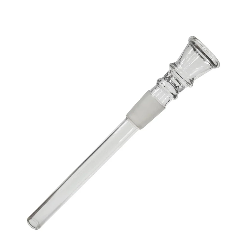 Cazoleta y tubo largo de cristal transparente para bong, con unión esmerilada y boca ensanchada, colocados en diagonal.