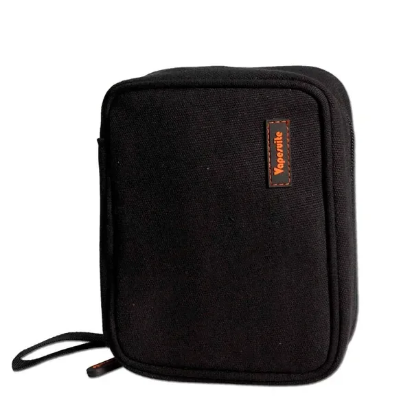 Bolsa negra rectangular para vaporizador y accesorios, con bordes redondeados, cierre de cremallera, asa y etiqueta naranja Vapourite.