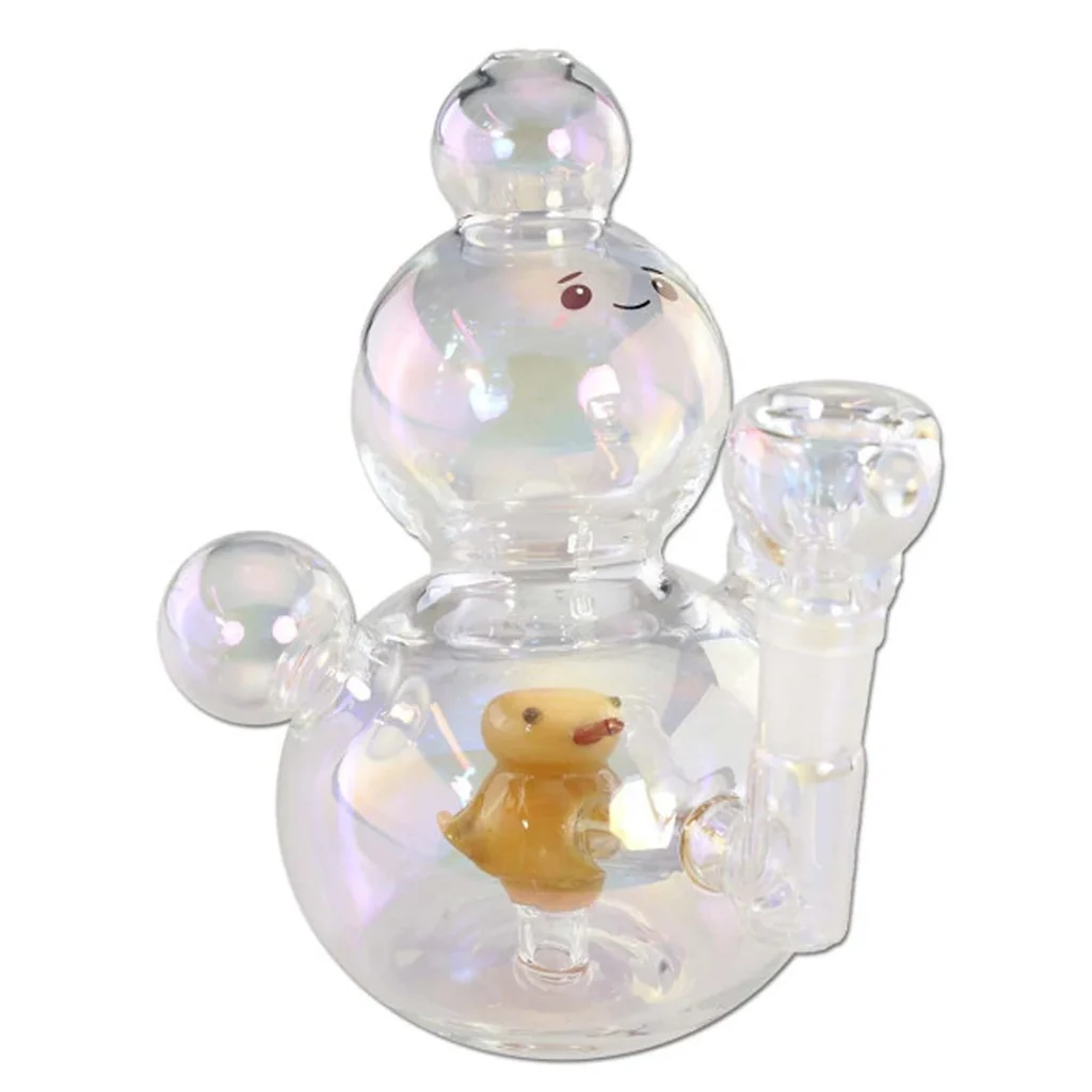 Bong Bubble Duck de cristal iridiscente con cámaras redondeadas, cara sonriente, pato amarillo interior y cazoleta lateral.