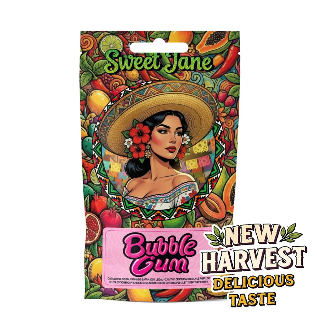 Envase Sweet Jane Bubble Gum con ilustración de una mujer con sombrero y flores, rodeada de frutas, y rótulo «New Harvest».