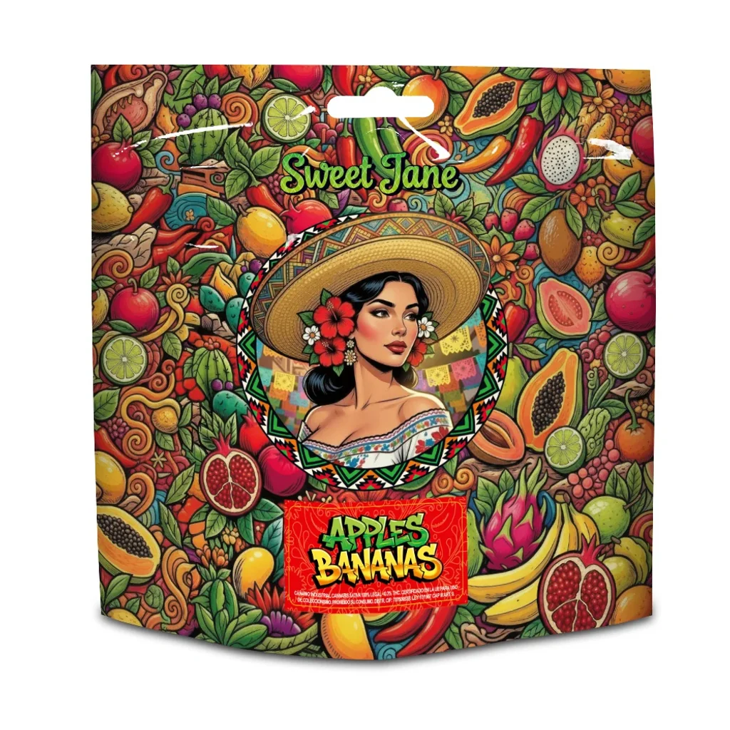 Bolsa Sweet Jane Apple Bananas con ilustraciones de frutas y una mujer con sombrero y flores, sobre fondo blanco.