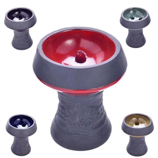 Selección de cazoletas de shisha con exterior gris y relieve decorativo; modelo rojo ampliado e interiores de varios colores alrededor.