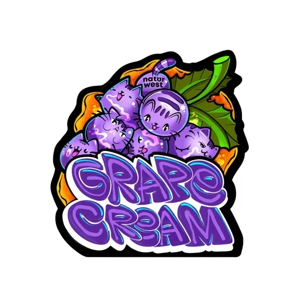 Diseño gráfico de Naturwest Grape Cream con uvas moradas de rostros sonrientes, hojas verdes y letras grandes sobre fondo blanco.