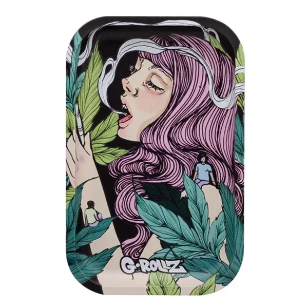 Bandeja G-Rollz Collosal Dream con bordes redondeados y una mujer ilustrada de cabello rosa entre hojas verdes y volutas blancas.