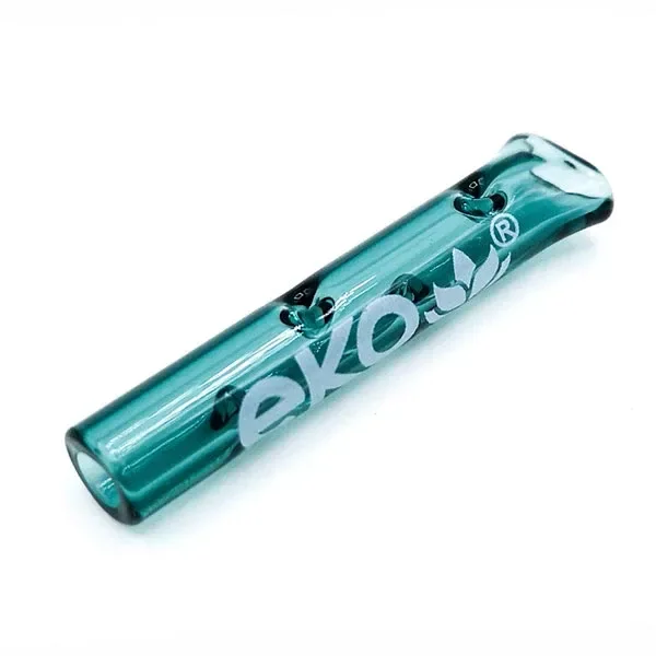 Filtro de cristal Eko Puffs de color turquesa transparente, colocado en diagonal, con estrechamientos interiores y logotipo blanco.