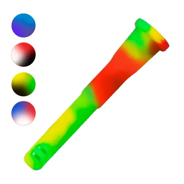 Down tube de silicona multicolor en diagonal, con zonas verdes, amarillas y rojas y muestras circulares de otras combinaciones a la izquierda.