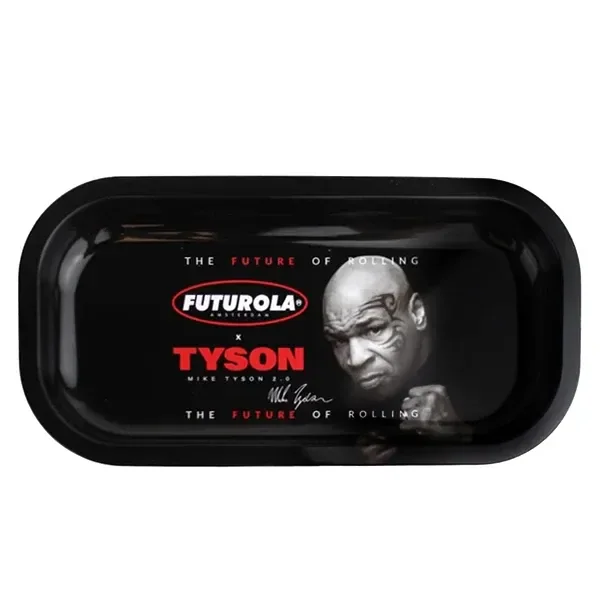 Bandeja negra rectangular de esquinas redondeadas y borde elevado, con retrato de Mike Tyson y logotipos Futurola y Tyson.