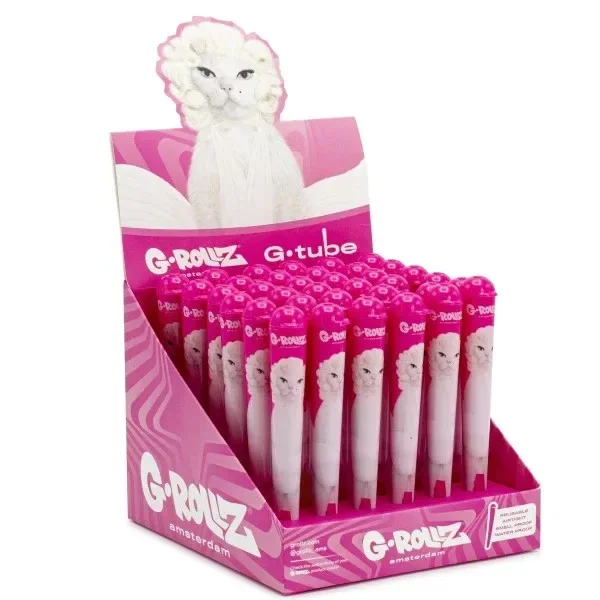 Expositor rosa de porta cigarros G-Rollz Marilyn Cat con varias unidades decoradas con una gata blanca de pelo ondulado.