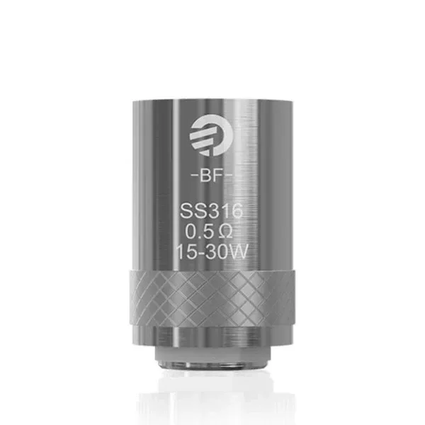 Resistencia cilíndrica metálica con banda estriada y grabado BF SS316, 0,5 Ω y 15–30 W, sobre fondo blanco.