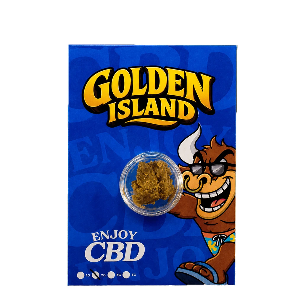 CBD Hash Golden Island de ENJOY CBD en un recipiente transparente sobre un envase azul con letras amarillas y un toro con gafas de sol.