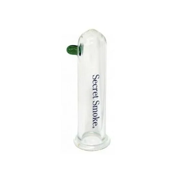 Extractor BHO pequeño de borosilicato transparente, con cuerpo tubular, extremo redondeado, base ensanchada y saliente verde lateral.