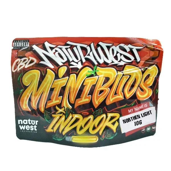 Bolsa Naturwest Mini Buds Indoor con diseño de grafiti amarillo y naranja y etiqueta Northern Light de 10 g.