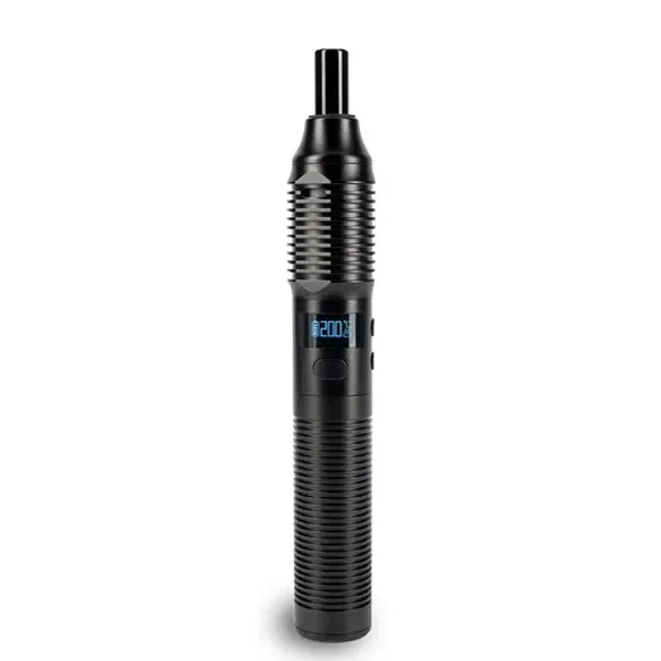 Vaporizador Hizen Stilus Pro Konduktion negro, en vertical, con cuerpo estriado, boquilla alargada y pantalla azul.