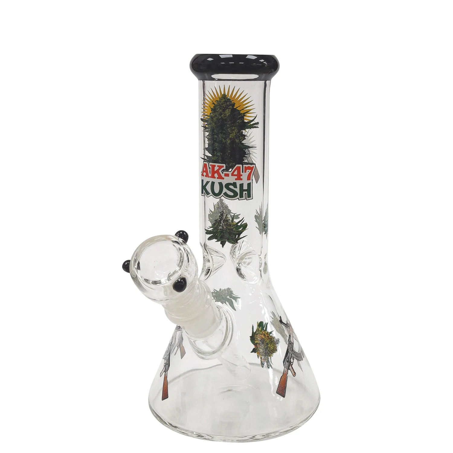 Bong de cristal transparente con base ancha, borde negro, cazoleta lateral y decoración de cogollos con el texto AK-47 KUSH.