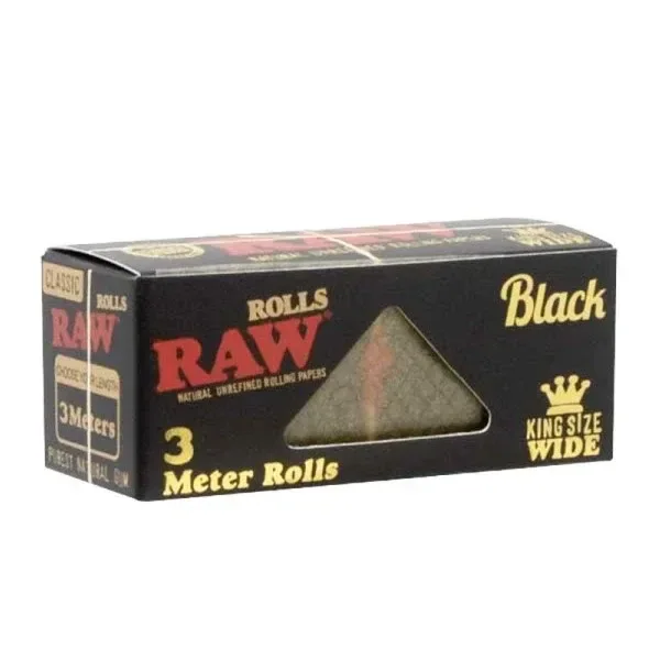 Caja negra de papel RAW Black Rolls con ventana triangular y las indicaciones 3 Meter Rolls y King Size Wide.
