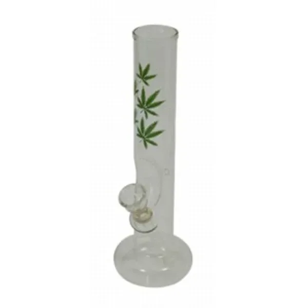 Bong Cristal Leaves de vidrio transparente, con tubo recto decorado con hojas verdes, base redonda y cazoleta lateral.
