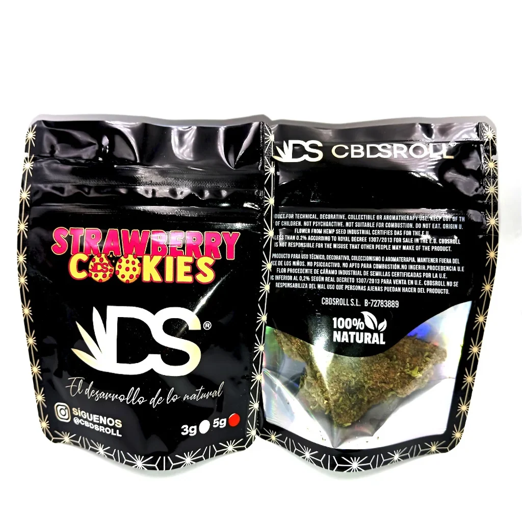 Anverso y reverso de bolsas negras CBDSROLL Strawberry Cookies, con letras rosas y amarillas y una ventana que muestra la flor.