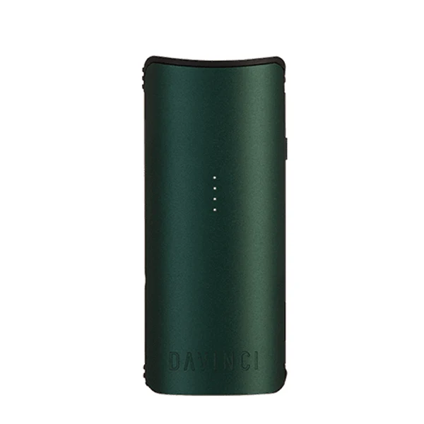 Vaporizador DaVinci MIQRO-C verde oscuro, visto de frente sobre fondo blanco, con indicadores luminosos y logotipo en la parte inferior.