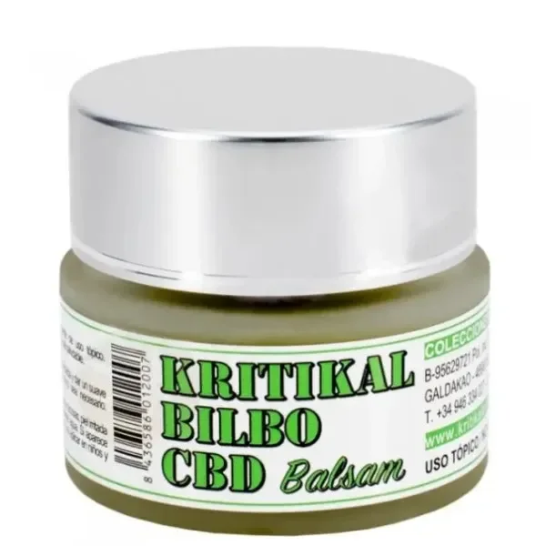 Tarro de bálsamo Kritikal Bilbo CBD con tapa plateada y etiqueta blanca con letras verdes, sobre fondo blanco.