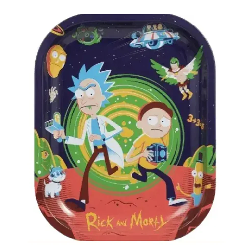 Bandeja Rick Dimension de bordes redondeados, con Rick y Morty ante un portal verde y otros personajes sobre fondo morado.