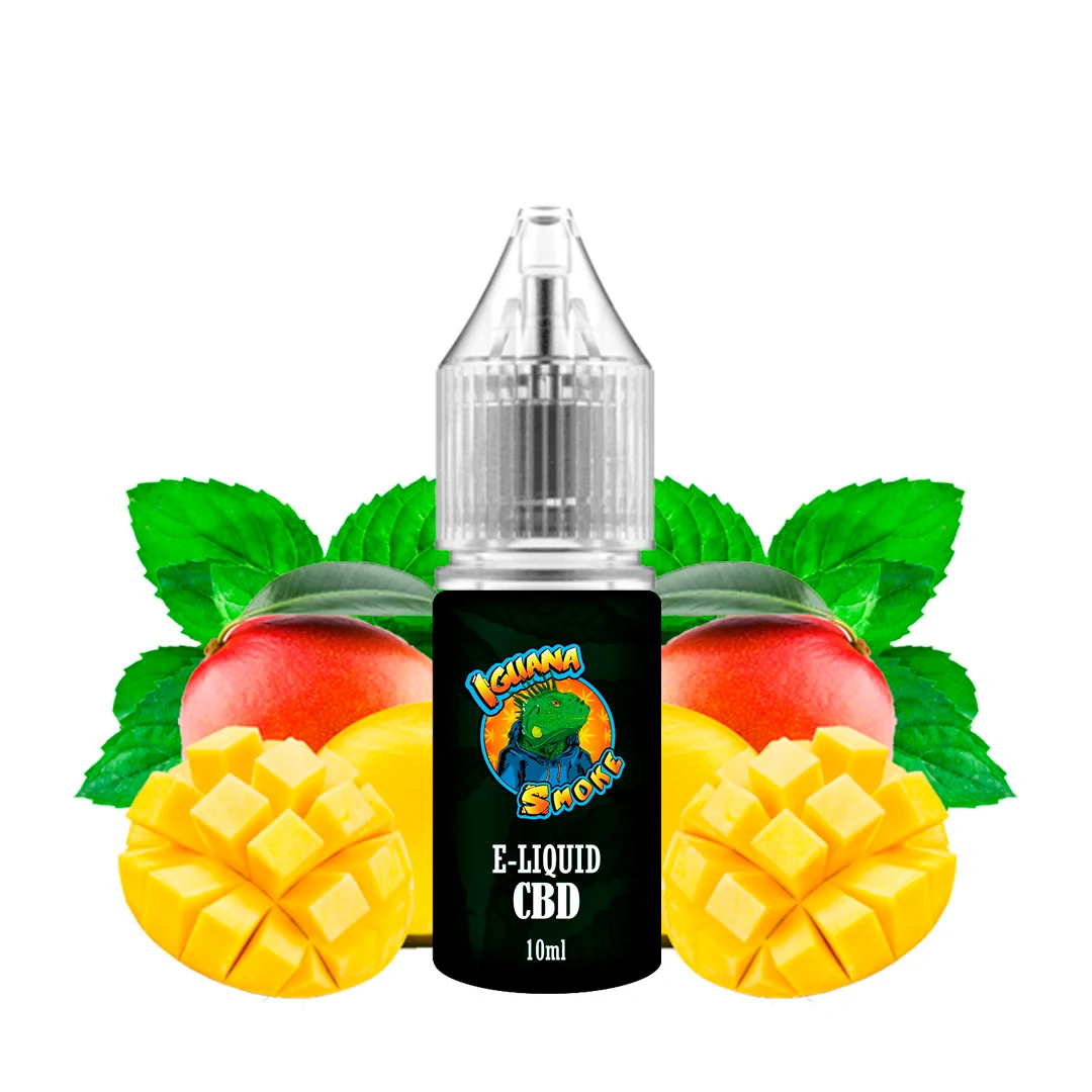 Frasco de CBD E-Liquid Iguana Smoke de 10 ml con tapón transparente, entre mangos cortados en dados y hojas verdes.
