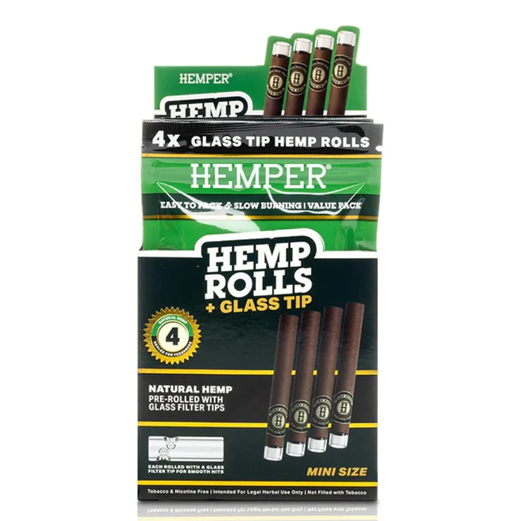 Envase verde y negro HEMPER Hemp Rolls con texto Glass Tip y Mini Size e ilustraciones de conos marrones con boquillas transparentes.