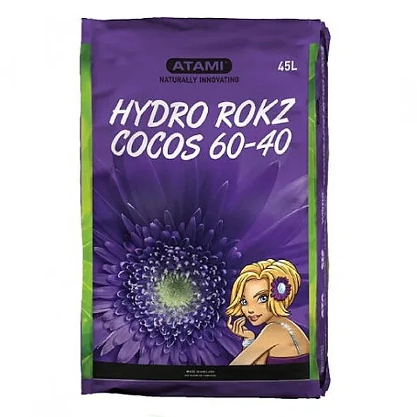 Saco morado de sustrato ATAMI Hydro Rokz Cocos 60-40 de 45 L, con una gran flor morada y una mujer ilustrada en el frontal.