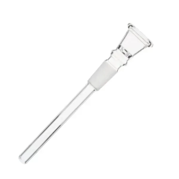 Cazoleta y tubo de cristal transparente para bong, con unión esmerilada, colocados en diagonal sobre fondo blanco.