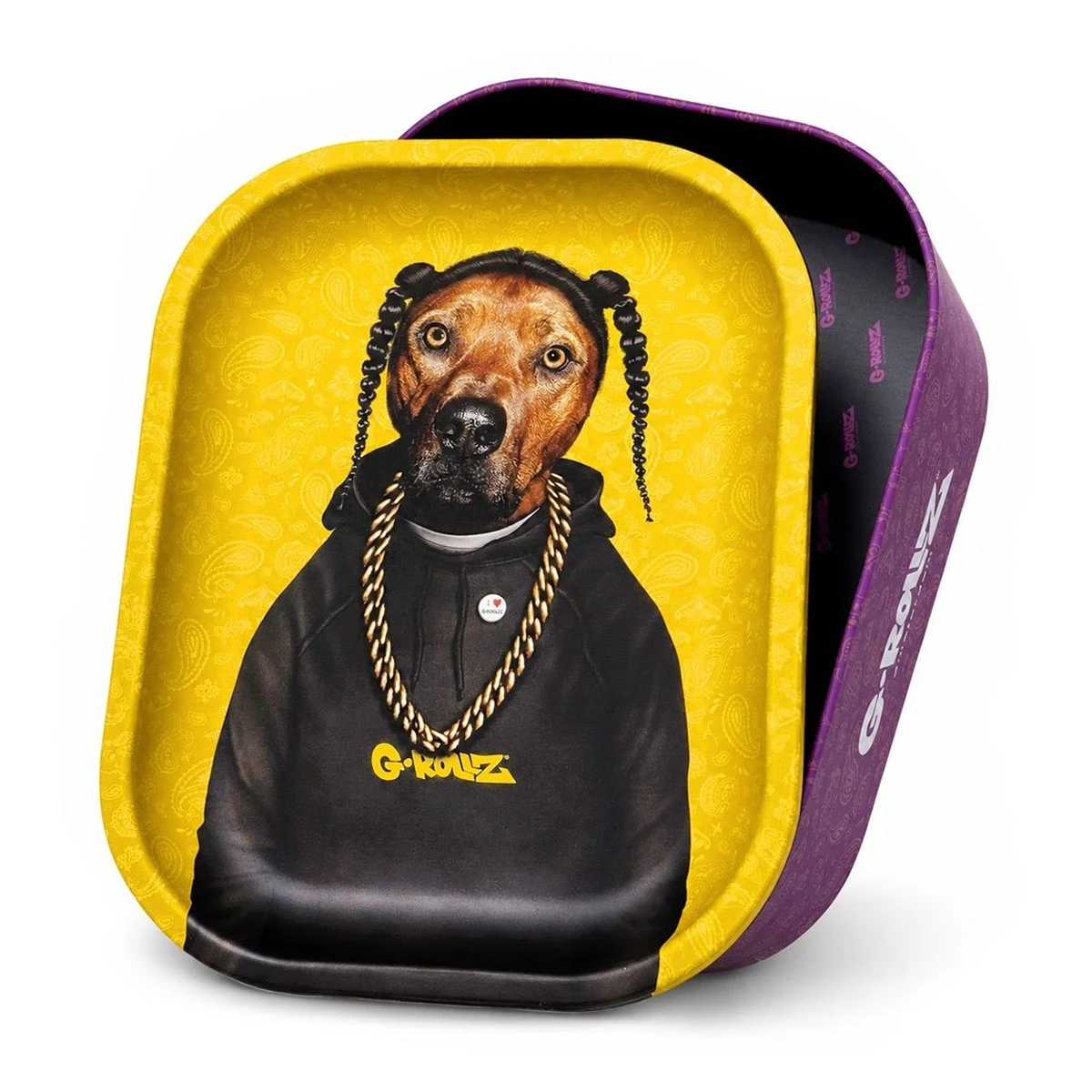 Bandeja amarilla y caja morada abierta Pets Rap, con un perro ilustrado con trenzas, sudadera negra y cadenas doradas.