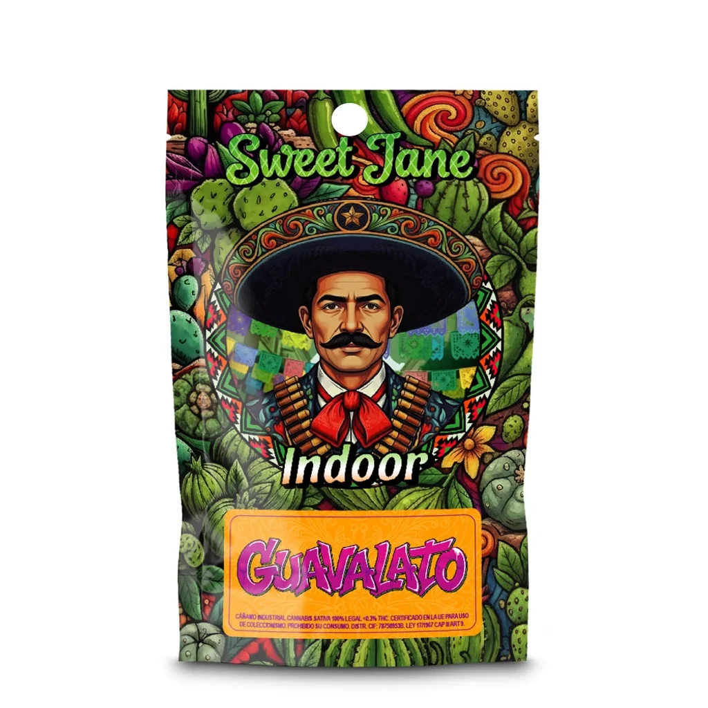 Envase Sweet Jane Indoor Guavalato con ilustración de un hombre con sombrero y bigote, rodeado de motivos vegetales sobre fondo blanco.