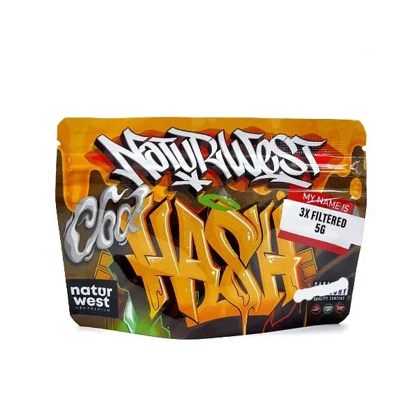 Bolsa de Naturwest Hash con diseño de grafiti en tonos naranja y amarillo y etiqueta blanca que indica 3X Filtered y 5 g.
