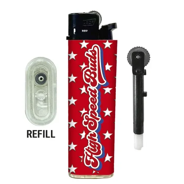 Mechero Fixflame rojo con estrellas blancas y texto High Speed Buds, junto a una vista de la base y el mecanismo de chispa extraído.