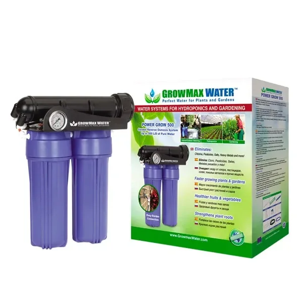 Filtro de ósmosis inversa PowerGrow 500 Growmax con dos vasos azules, cuerpo superior negro y manómetro, junto a su caja. Filtro de ósmosis inversa PowerGrow 500 Growmax con dos vasos azules, cuerpo superior negro y manómetro, junto a su caja.