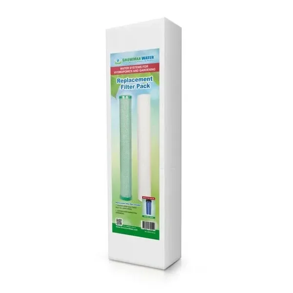 Caja blanca de recambio de filtros Growmax Water, con etiqueta verde y azul que muestra cartuchos alargados sobre fondo blanco. Caja blanca de recambio de filtros Growmax Water, con etiqueta verde y azul que muestra cartuchos alargados sobre fondo blanco.