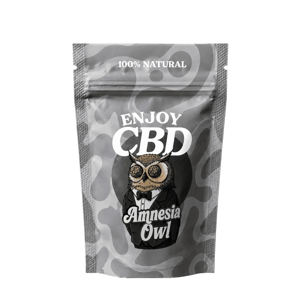 Bolsa gris de Enjoy CBD Amnesia Owl con cierre superior, dibujo de un búho con esmoquin y texto «100% NATURAL», sobre fondo blanco.